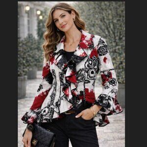 Berek Womens L Sequin Ruffle Jacket Pink Black White Artwear Statement Chic